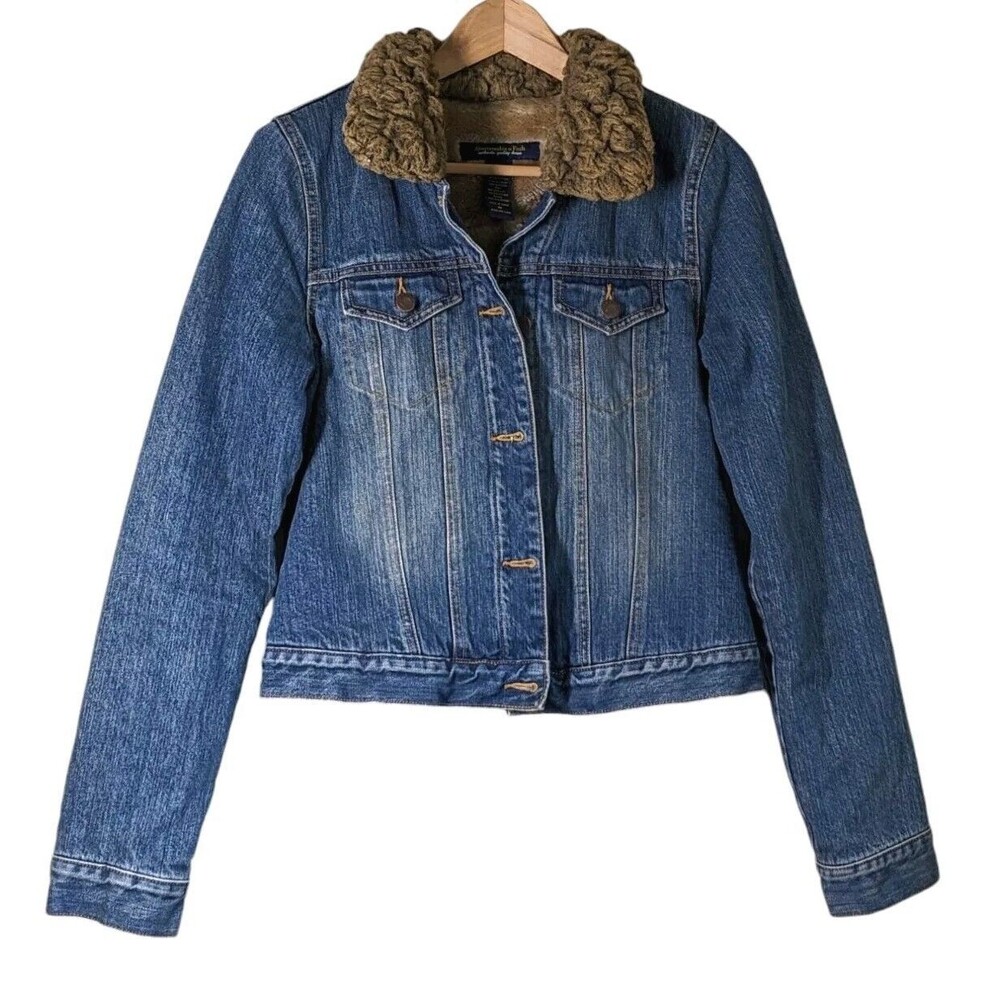 Abercrombie Fitch Faux Fur Sherpa Lined Trucker Western Medium Wash Denim Jacket